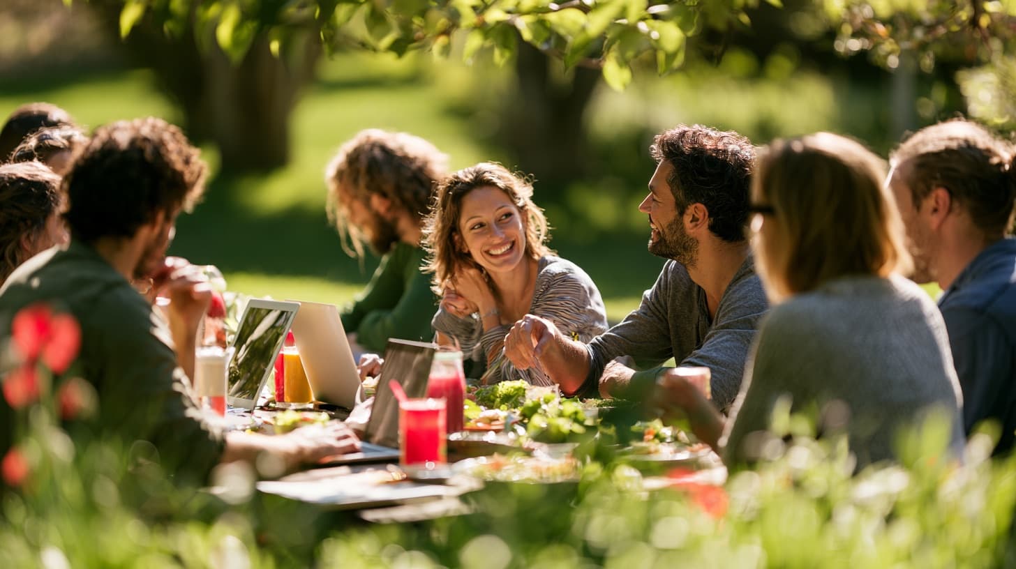 A group of friends laughing together at an outdoor table with laptops, surrounded by a lush garden