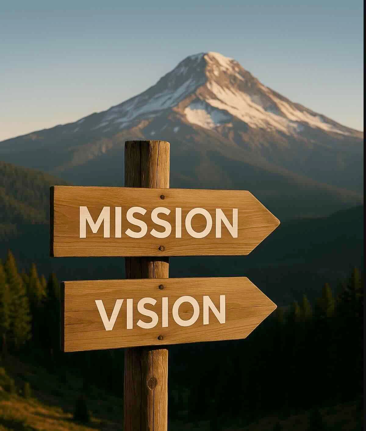 A signpost reading Mission and Vision, with a mountain in the background
