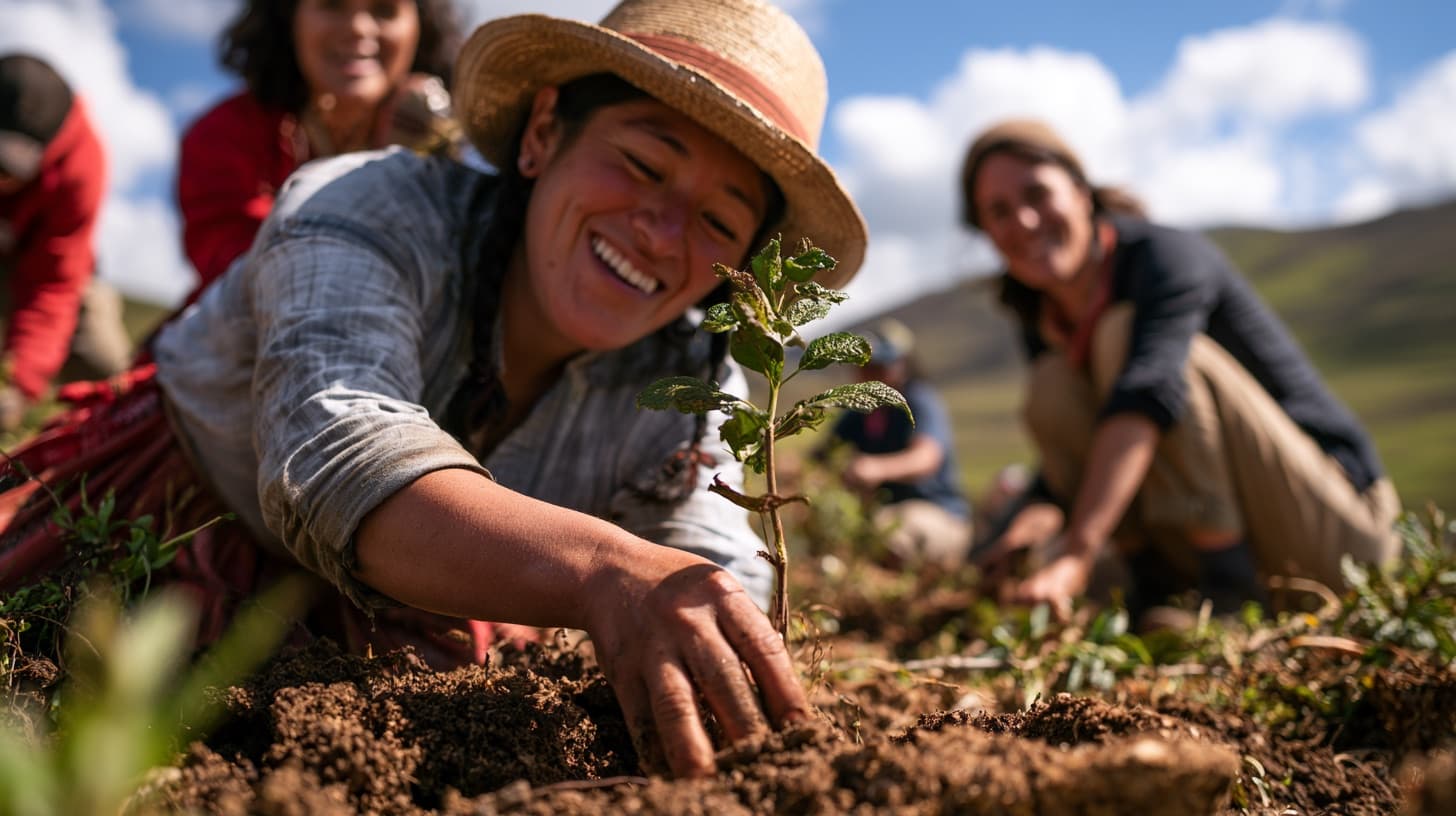A group of people planting a sapling together in the earth